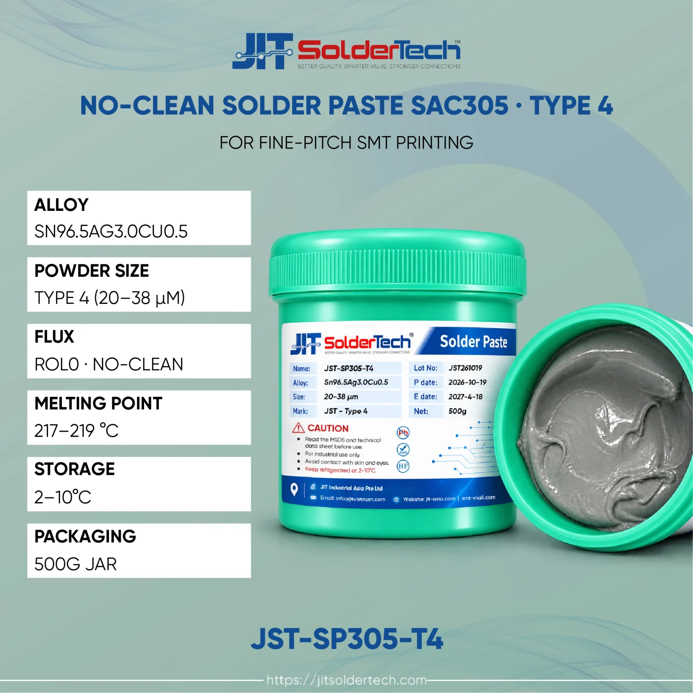 No-Clean Solder Paste SAC305 · Type 4 (JST-SP305-T4) specifications – JIT SolderTech