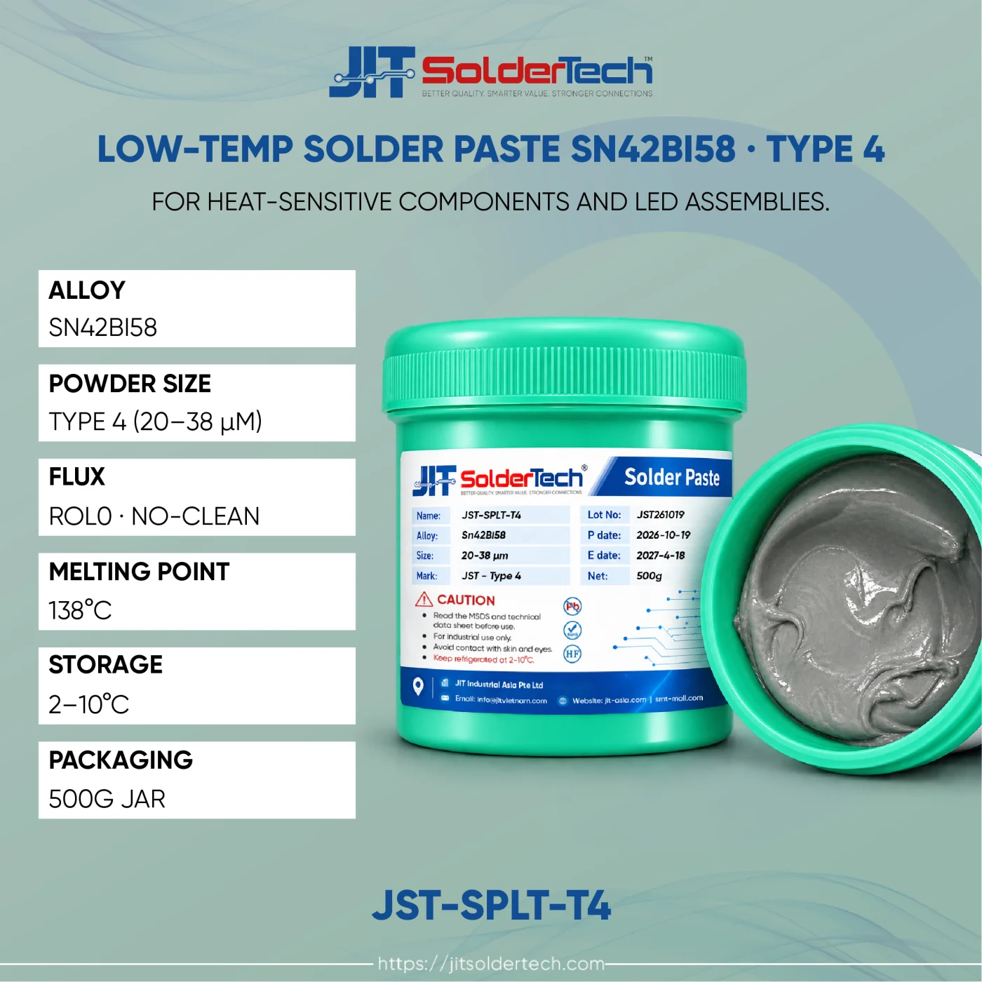 Low-Temp Solder Paste Sn42Bi58 · Type 4 (JST-SPLT-T4) specifications – JIT SolderTech