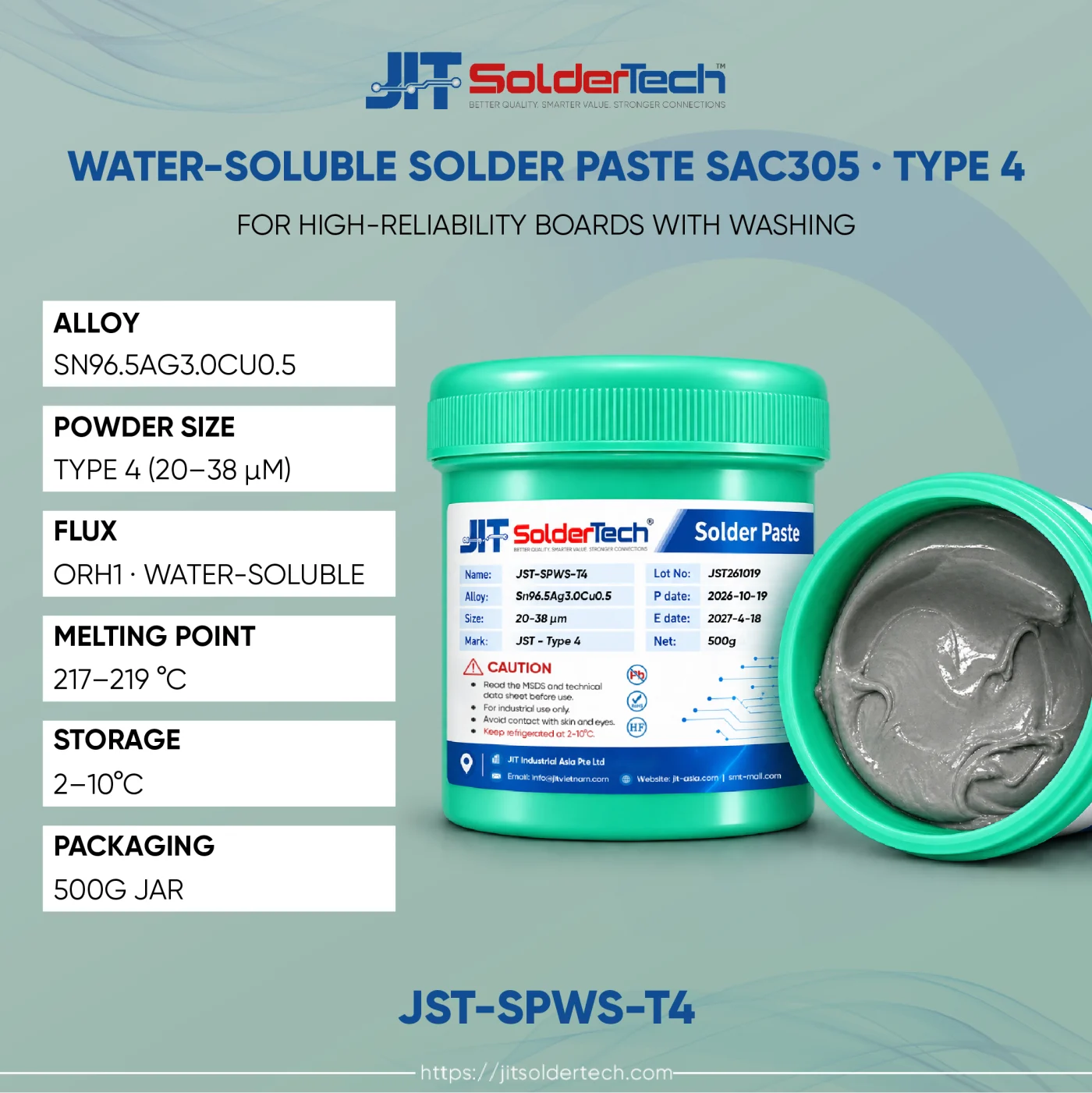 Water-Soluble Solder Paste SAC305 · Type 4 (JST-SPWS-T4) specifications – JIT SolderTech